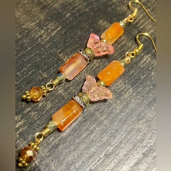 Hand Crafted Jewelry - Persian Agate and Butterfly Beaded Earrings